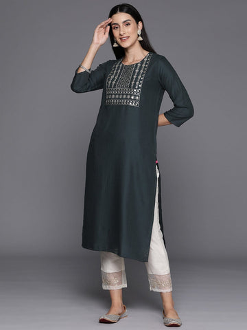 Grey Round Neck Embroidered Yoke Straight Kurta With Side Slits